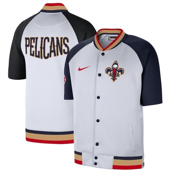 NWT Nike White/Navy New Orleans Pelicans City Edition Short Sleeve Snap Jacket - Picture 1 of 5